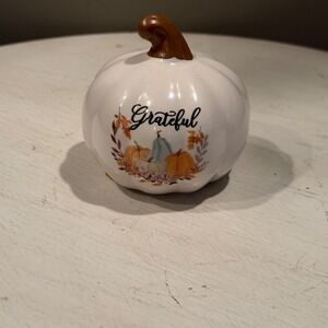 White Ceramic Pumpkin Grateful Fall Autumn Table Decor Accent